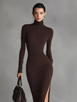 FJØRNA brown turtleneck dress for women, stylish long-sleeve dress with a fitted silhouette and ribbed knit fabric.