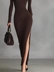 FJØRNA brown turtleneck dress for women, featuring a fitted silhouette and long sleeves, styled with a cozy, casual look.