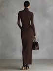 FJØRNA brown turtleneck dress for women, featuring a fitted silhouette and long sleeves, styled for casual or office wear.
