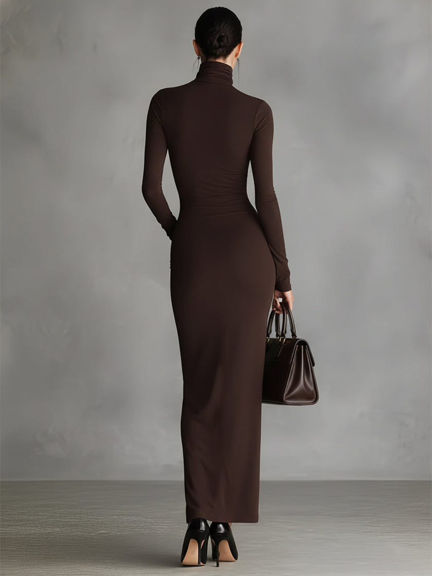 FJØRNA brown turtleneck dress for women, featuring a fitted silhouette and long sleeves, styled for casual or office wear.