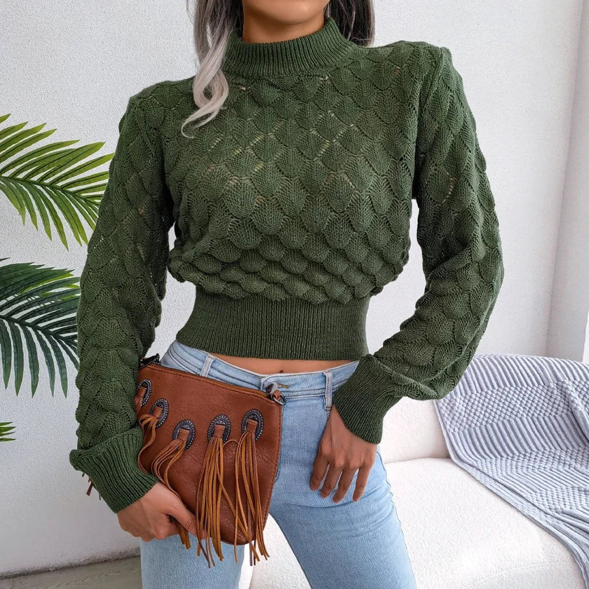 Bubble Knit Pullover Women Mock Neck Textured Relaxed Fit