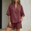 Burgundy women's summer two-piece set by FJØRNA, flowy v-neck top and matching shorts, casual and stylish co-ord ensemble.