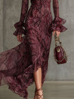 Burgundy chiffon ruffle maxi dress by FJØRNA, flowing evening dress with ruffled details and elegant style, perfect for formal occasions.