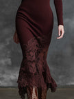 Elegant burgundy lace maxi dress by FJØRNA featuring intricate lace details and flowing fabric, perfect for evening occasions.