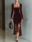 FJØRNA burgundy velvet maxi dress, elegant evening dress with flowing fabric and long sleeves, suitable for formal occasions.