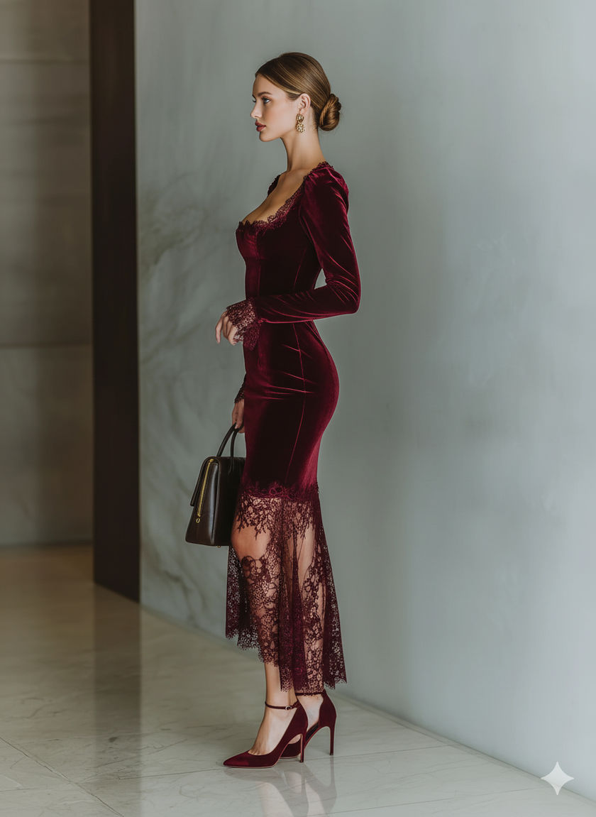 FJØRNA burgundy velvet maxi dress for evening wear, featuring a flowing silhouette and elegant long sleeves.