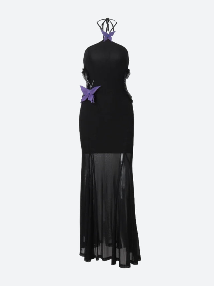 FJØRNA butterfly cut-out maxi dress for women, flowing summer dress with elegant butterfly details, ideal for special occasions.