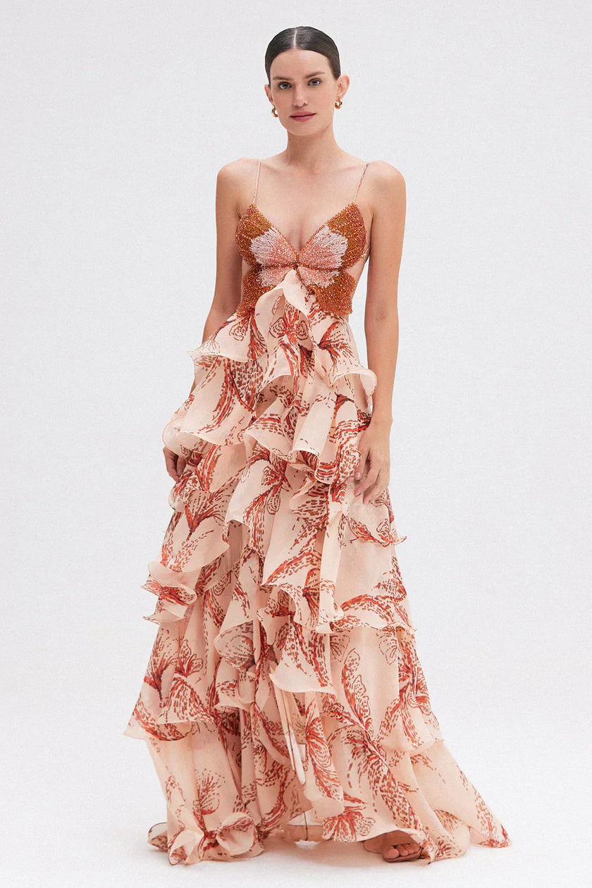 Flowy summer mini dress for women with ruffle details by FJØRNA, shown in a light, breezy fabric perfect for warm weather.