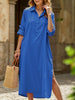 Blue FJØRNA casual midi dress with lapel button, side slit, and relaxed fit, ideal for casual or wedding occasions.
