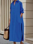 FJØRNA blue casual midi dress with lapel button, side slit, perfect for casual or wedding occasions, showcased on model.