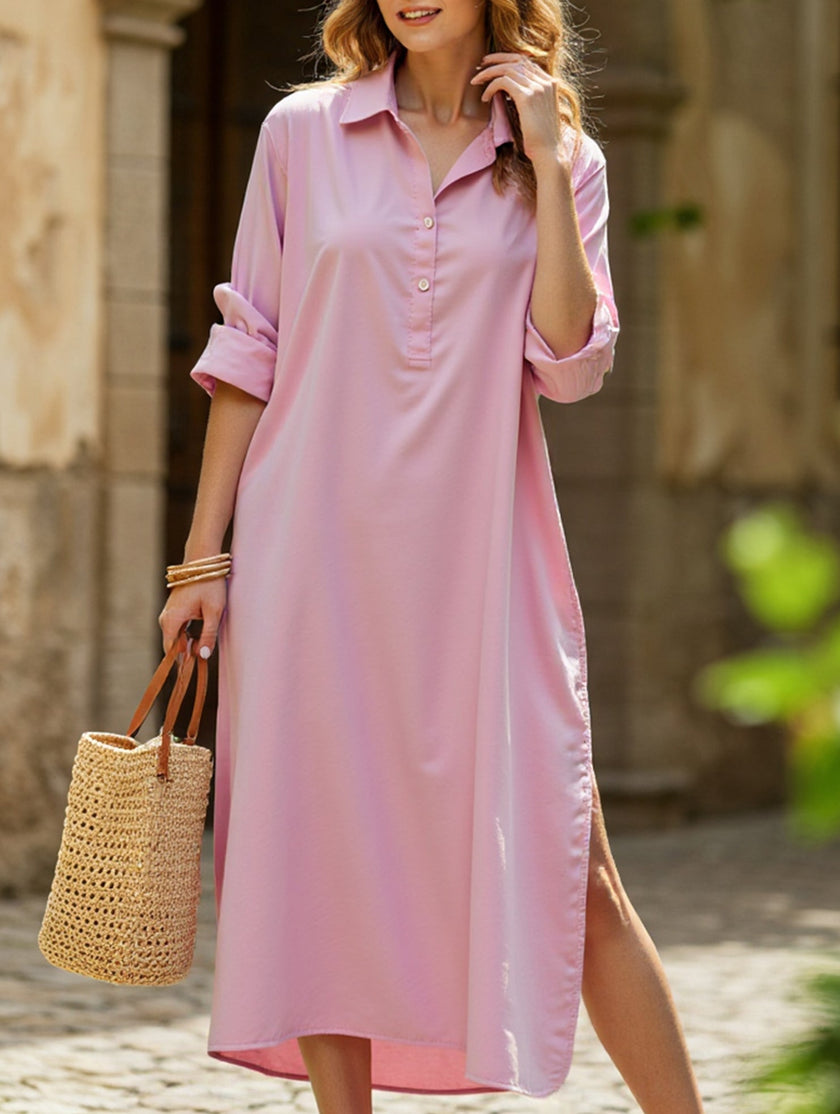 Pink FJØRNA casual midi dress with lapel button, side slit, perfect