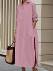 Pink FJØRNA casual midi dress with lapel button details and side slit, suitable for weddings and casual occasions.