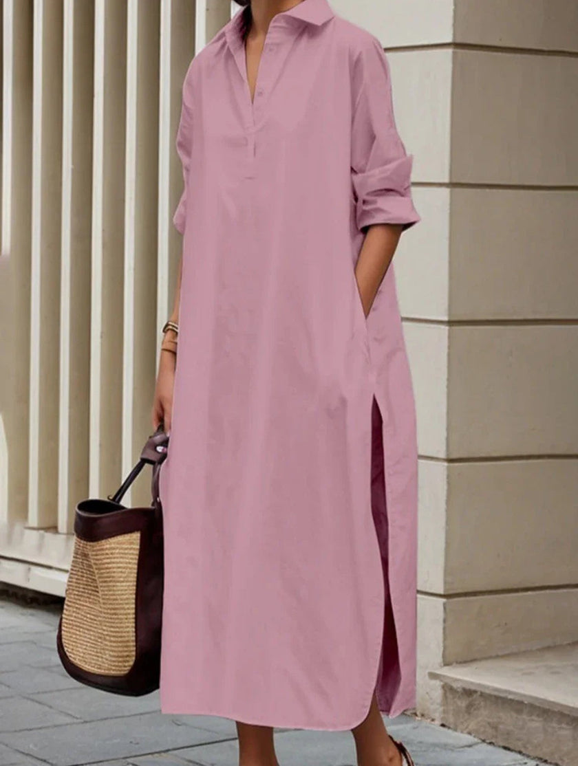 Pink FJØRNA casual midi dress with lapel button details and side slit, suitable for weddings and casual occasions.