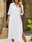 White FJØRNA lapel button side slit casual midi dress with a relaxed fit, perfect for casual or wedding occasions.
