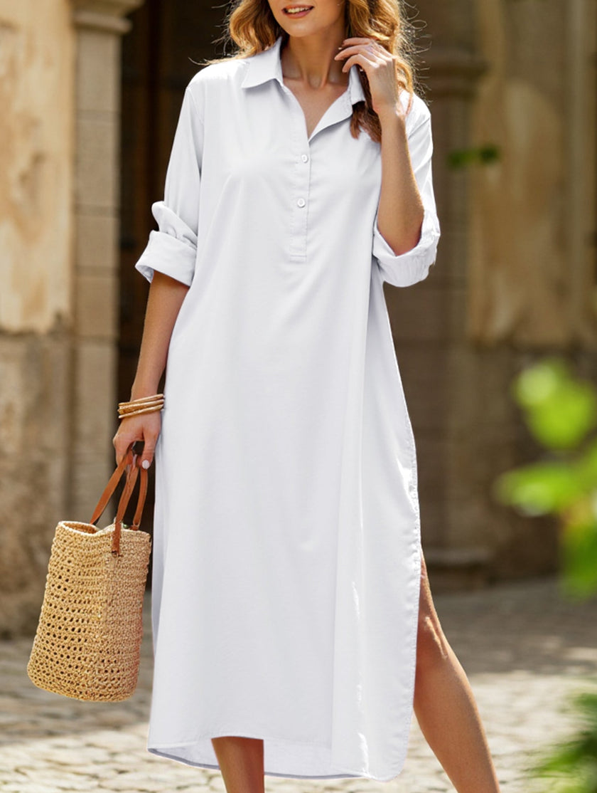 White FJØRNA lapel button side slit casual midi dress with a relaxed fit, perfect for casual or wedding occasions.