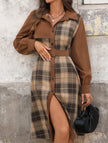 FJØRNA retro-style plaid patchwork dress with shirt collar in white, featuring brown and white fabric details.