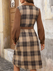 FJØRNA retro-style plaid patchwork dress with shirt collar in white, featuring brown and white fabric details.