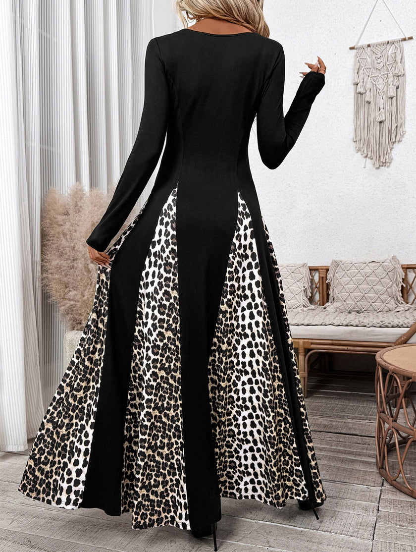FJØRNA retro high waist leopard print patchwork dress with long sleeves and vintage style, showcasing bold animal print and unique design.