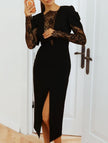 FJØRNA openwork white dress with lace slit and cinched waist, featuring delicate fabric and stylish design.
