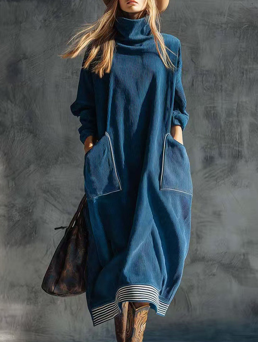 FJØRNA navy blue turtleneck dress with relaxed fit, long sleeves, and knee-length silhouette, displayed on a mannequin.