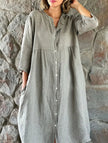 Gray solid cotton linen maxi dress by FJØRNA featuring button details and a flowing silhouette.