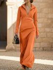 FJØRNA white long sleeve maxi dress with half zip polo neck, slim fit, elegant design, shown on a model.