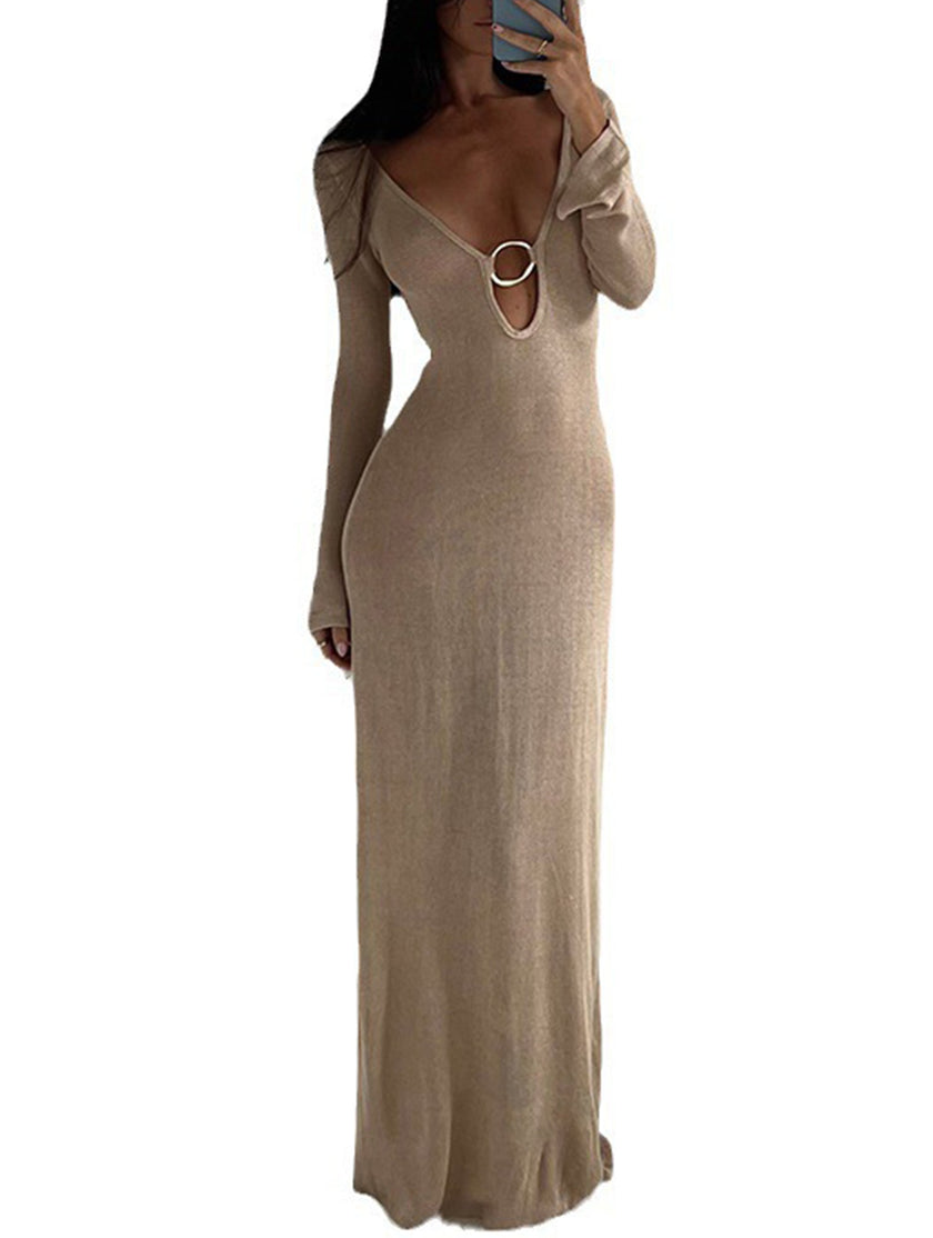 White V-neck backless long-sleeved knit dress by FJØRNA, shown from the back with a fitted silhouette and soft fabric.