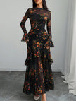 FJØRNA women's white dress with lotus leaf sleeves and floral print, featuring a feminine and elegant design.