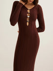 White French vintage V-neck knit bodycon dress by FJØRNA, featuring a fitted silhouette and classic style.