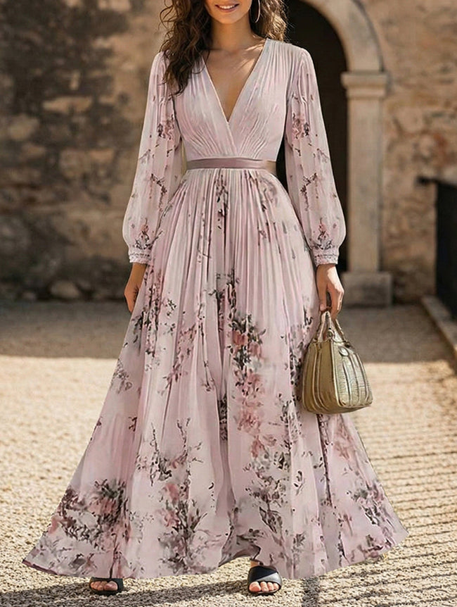 FJØRNA white V-neck pleated printed slim maxi dress, elegant and flowing, showcased on a model with a stylish design.