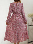 FJØRNA floral high waist long sleeve white midi dress with a feminine design and elegant midi length.