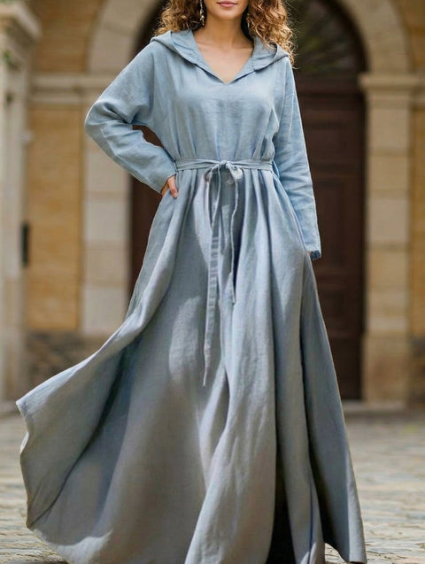 Light blue Cotton Linen Boho Hooded Dress by FJØRNA, casual wedding dress with relaxed fit and bohemian style.