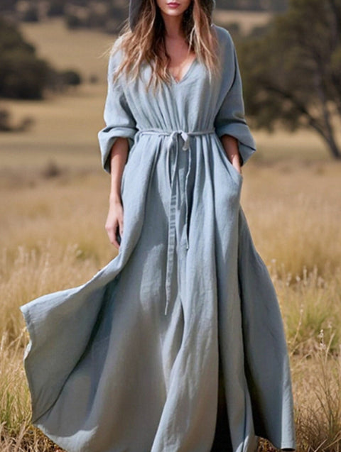 Light blue cotton linen boho hooded dress by FJØRNA, casual wedding dress with relaxed fit and bohemian style.