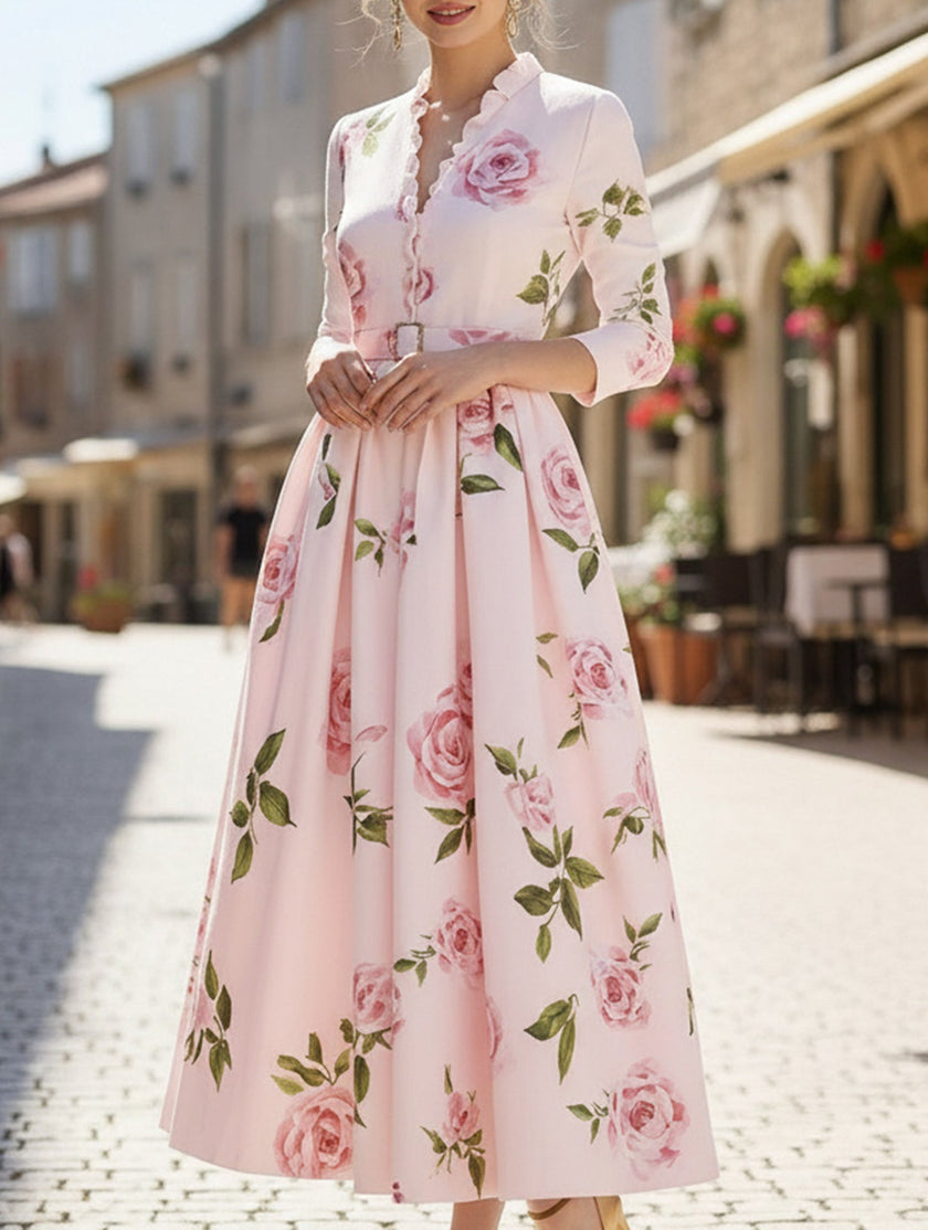 FJØRNA white V-neck waist A-line dress featuring a classic silhouette and elegant design, perfect for stylish occasions.
