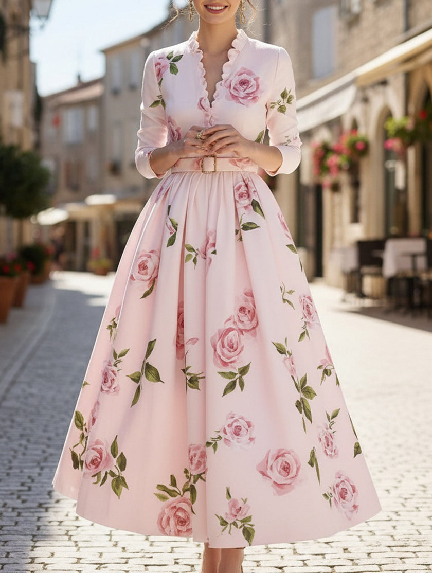 White V-neck waist A-line dress by FJØRNA, featuring a fitted bodice and flowing skirt, perfect for casual or semi-formal occasions.