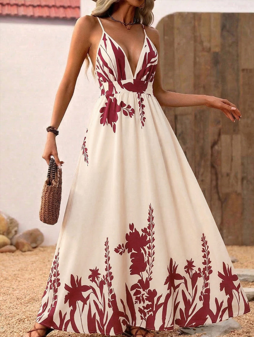 White floral print backless cami maxi dress by FJØRNA, flowing sleeveless design with a relaxed, elegant silhouette.