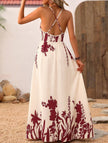 FJØRNA floral print backless white maxi dress with spaghetti straps and flowing fabric, perfect for summer or casual occasions
