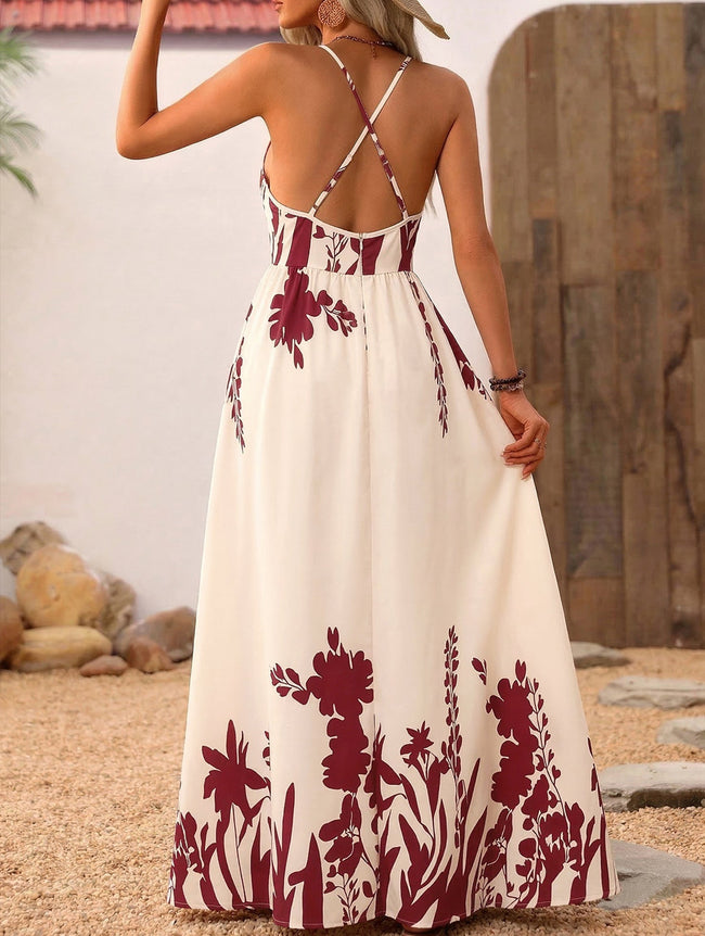 FJØRNA floral print backless white maxi dress with spaghetti straps and flowing fabric, perfect for summer or casual occasions