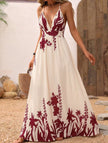 White floral print backless cami maxi dress by FJØRNA, featuring a flowing silhouette and elegant design.