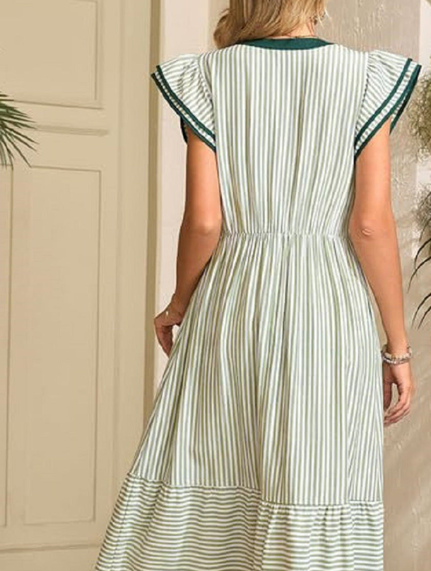 Green colorblock stripe Flutter Sleeve Dress by FJØRNA featuring a stylish design and flutter sleeves, perfect for casual or dressy occasions.
