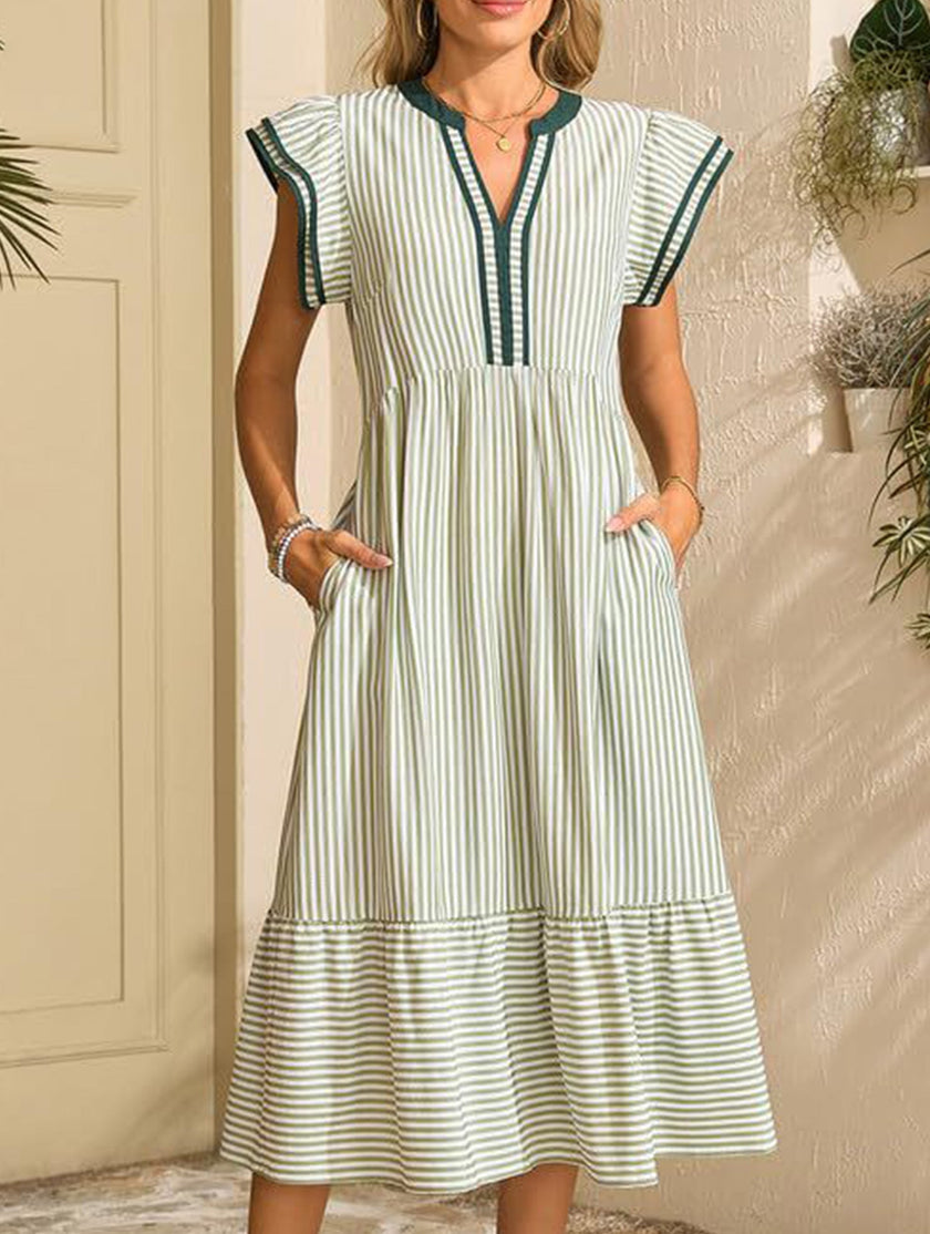 FJØRNA colorblock stripe flutter sleeve white dress with green accents, stylish and lightweight for casual or semi-formal wear.
