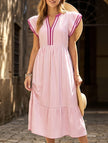 FJØRNA colorblock stripe flutter sleeve dress in white with pink accents, featuring a stylish, lightweight design.