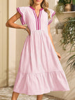 FJØRNA colorblock stripe flutter sleeve dress in white with pink accents, featuring a stylish, flowy design for casual or semi-formal wear.