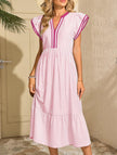 FJØRNA colorblock stripe flutter sleeve white dress with pink accents, lightweight and stylish for casual or semi-formal occasions.