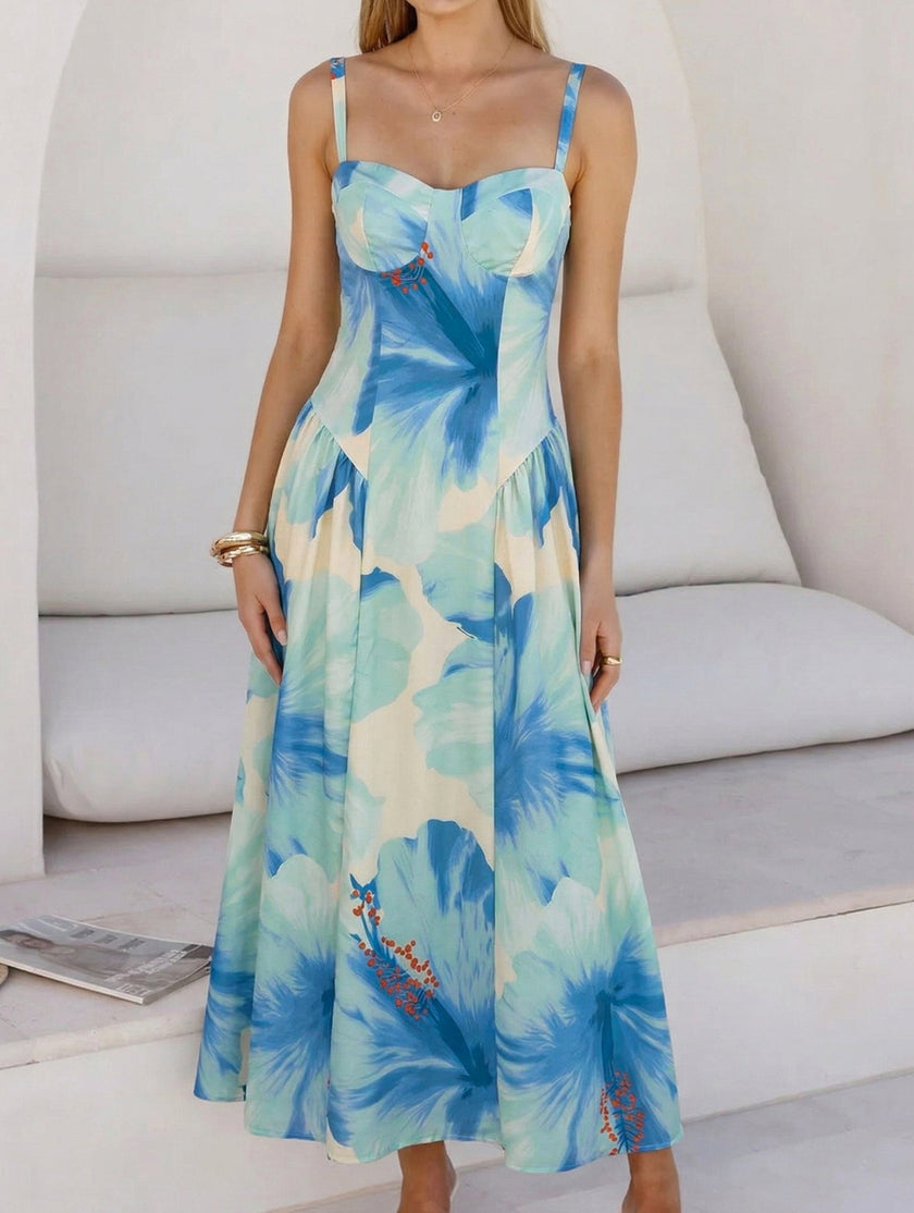 FJØRNA floral print flowy cami maxi dress in white, featuring a lightweight, elegant design with a vibrant floral pattern.