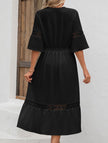 FJØRNA white V-neck hollow short sleeve dress, stylish and elegant, with a fitted silhouette and breathable fabric.