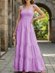 FJØRNA retro style striped white maxi dress with purple accents, flowing fabric and sleeveless design, perfect for summer wear.