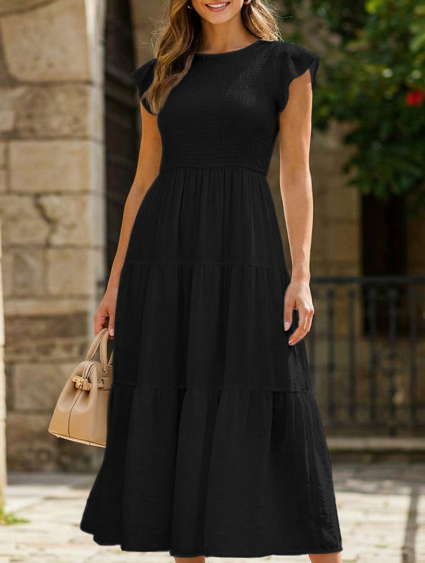 FJØRNA solid white cross-border sleeved dress, casual and elegant design with long sleeves, displayed on a mannequin.