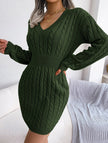 FJØRNA white cable-knit waist-hugging hip dress, stylish and fitted, shown on a model with a close-up view of the knit texture.