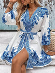 FJØRNA printed white V-neck three-quarter sleeve tie-waist dress, casual and stylish, with a comfortable fit and elegant design.